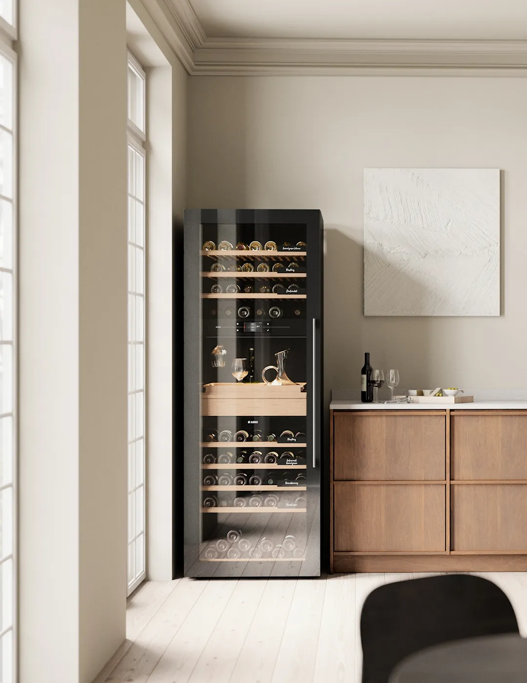 ASKO wine climate cabinet in a Scandinavian kitchen with oak cabinetry. ASKO wine climate cabinet in a Scandinavian kitchen with oak cabinetry.