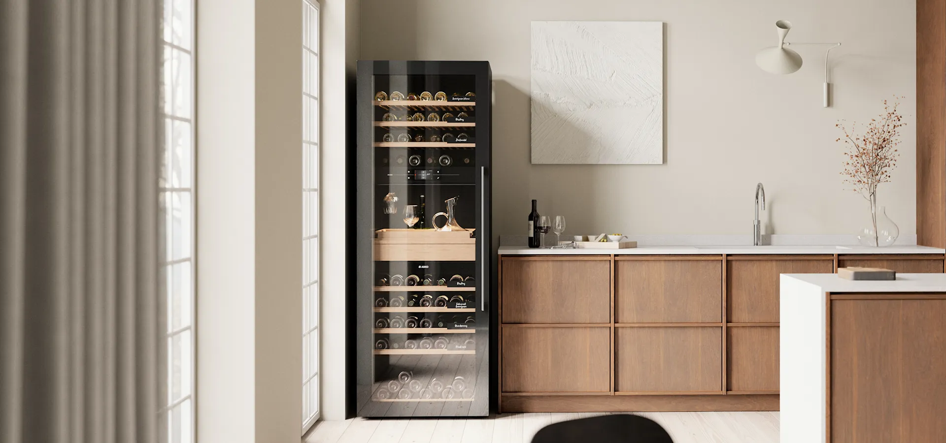 ASKO wine climate cabinet in a Scandinavian kitchen with oak cabinetry. ASKO wine climate cabinet in a Scandinavian kitchen with oak cabinetry.