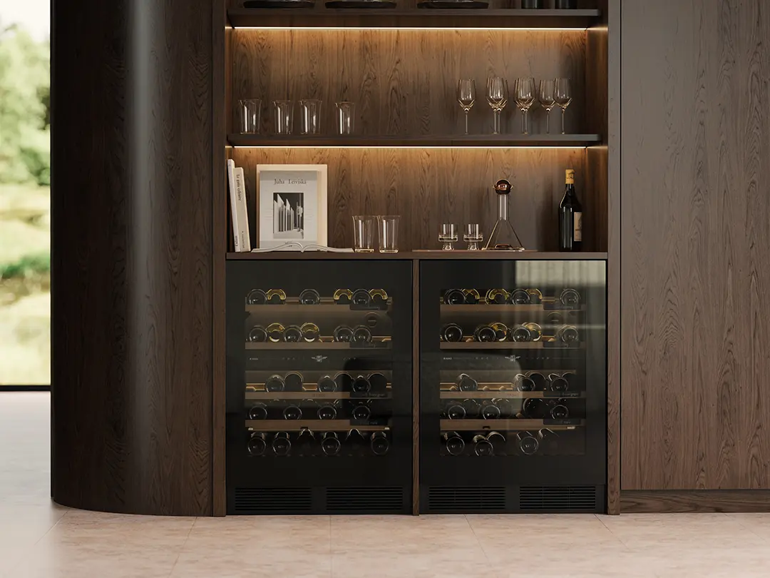 Under counter wine climate cabinets beneath open shelving with ambient lighting